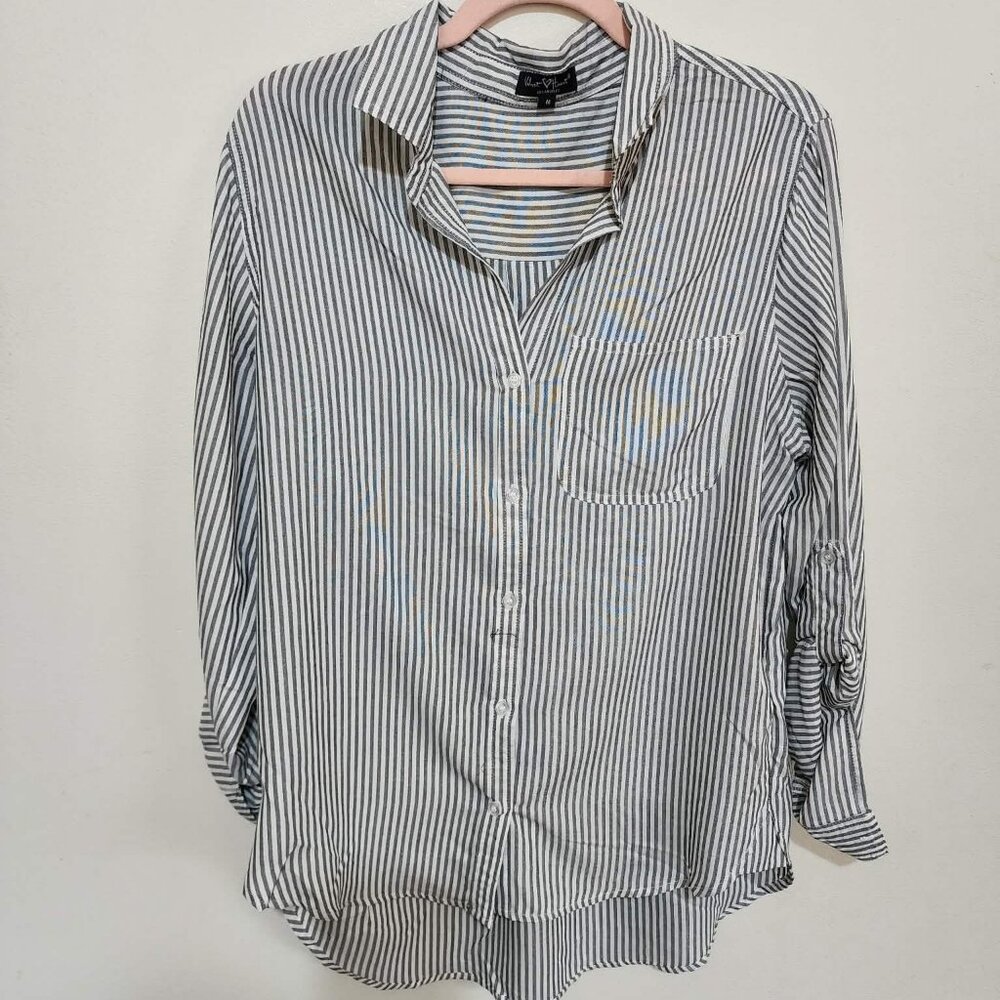 Velvet Heart Blue & White Striped Button Up – Size Medium – Roll Tab Sleeves